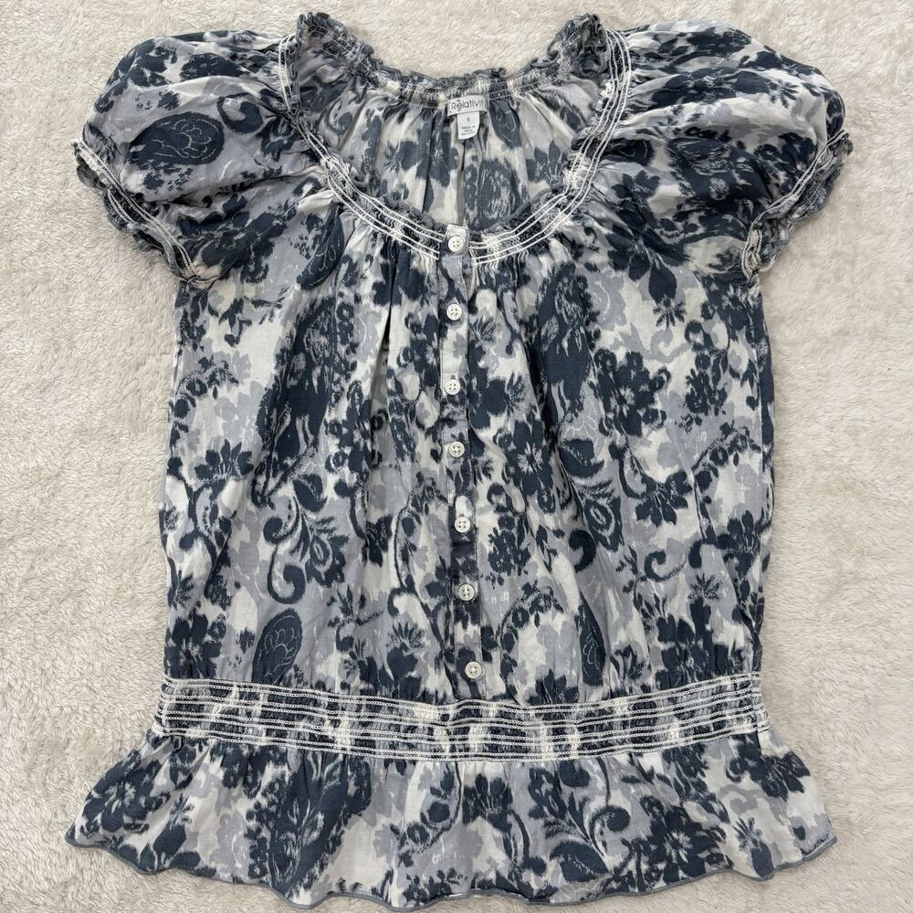 Relativity Womens S Blue Floral Cotton Peasant Blouse Puff Sleeve Boho Y2K